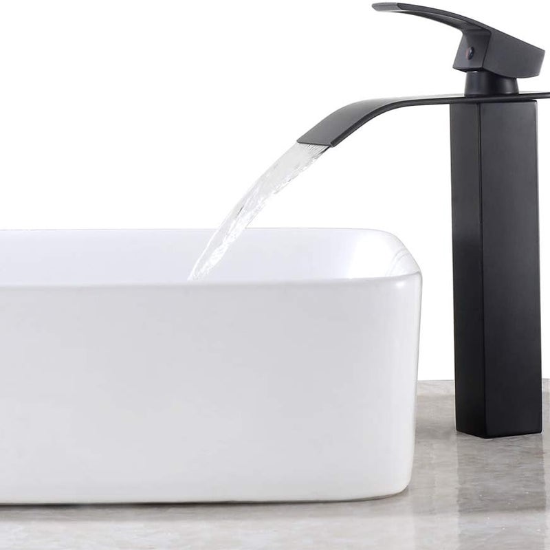 Czarny, jednouchwytowy kran łazienkowy typu wodospad, kwadratowy mosiężny kran mieszający do umywalki,umywalki nablatowej z ciepłą i zimną wodą