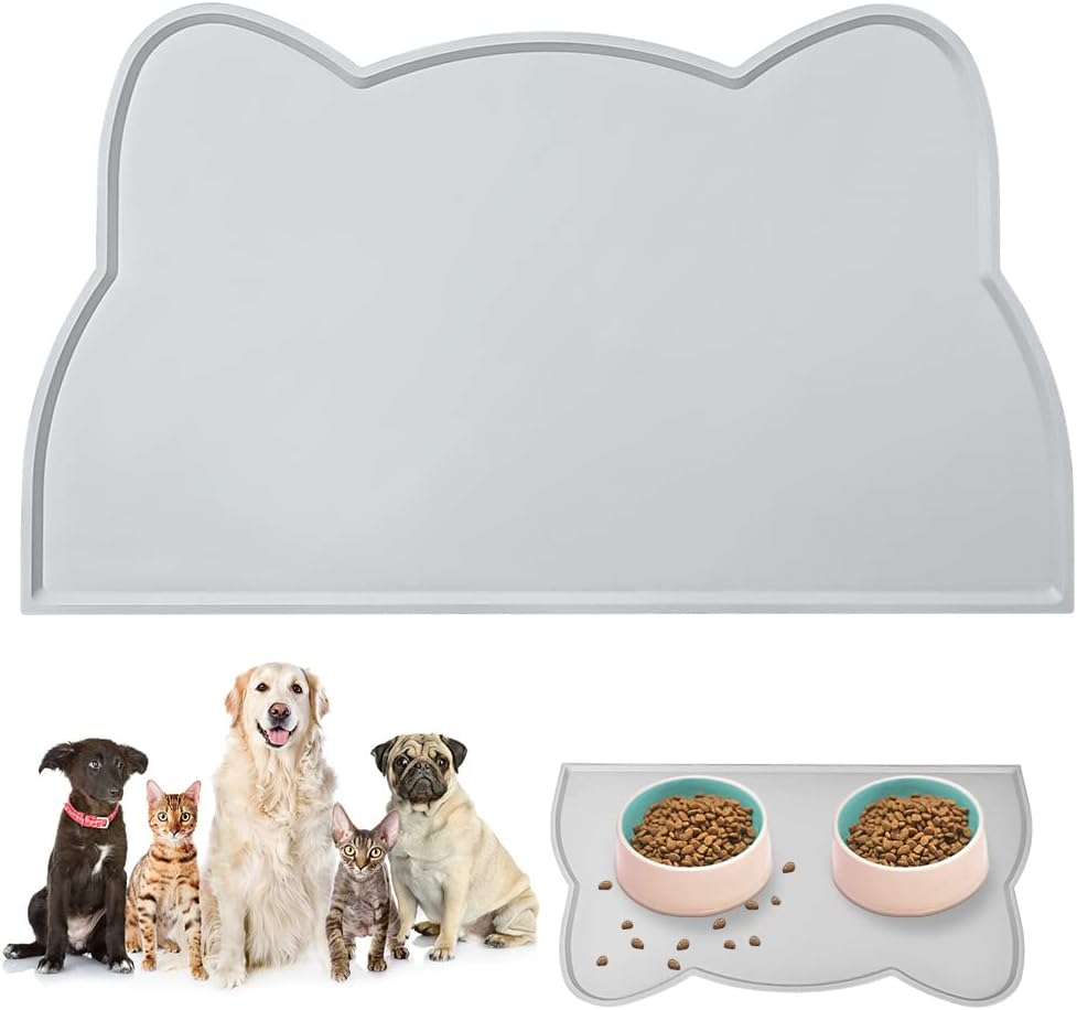 1 x Szara mata do misek dla psów i kotów 45 x 26 cm, słodka mata antypoślizgowa w kształcie głowy kota, wodoodporna silikonowa mata do karmienia
