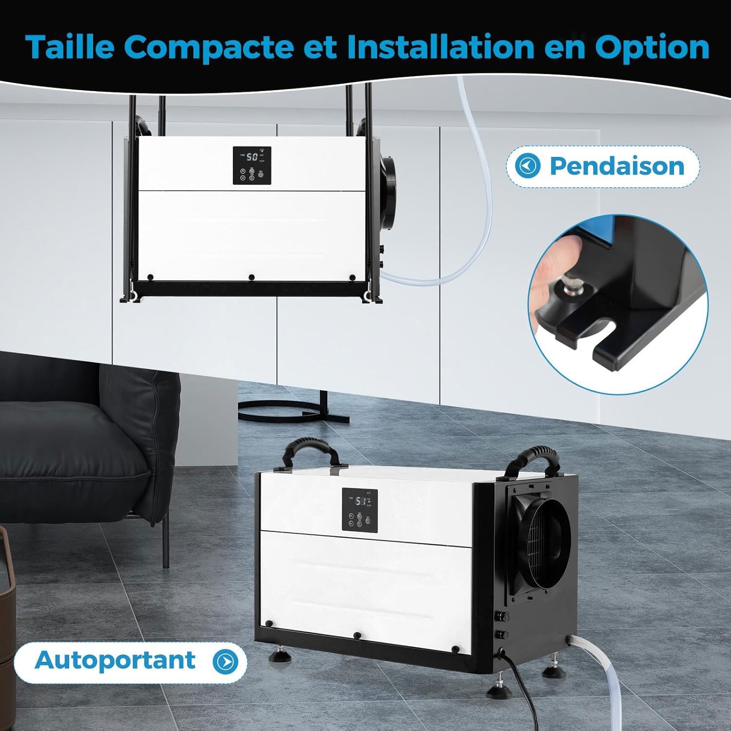 Déshumidificateur 73,5L/Jour, Débit d'air 403m³/h, Déshumidificateur d'air 20%-90% Humidité, 2 Modes Installation pour Zone 100㎡ (73,5L/Jour,Blanc) - 5