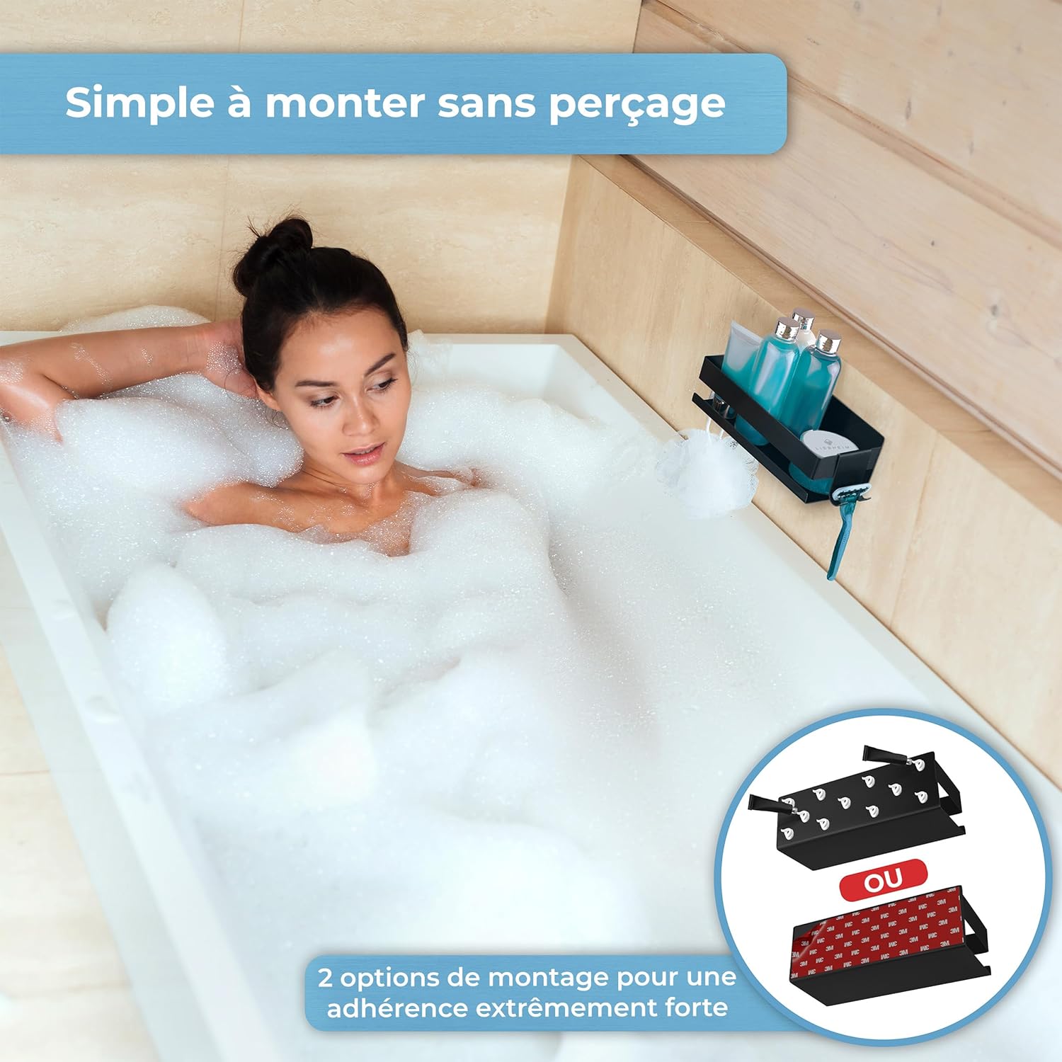 Estante de ducha, sin necesidad de taladrar, de acero inoxidable S304 sólido (negro) - 5