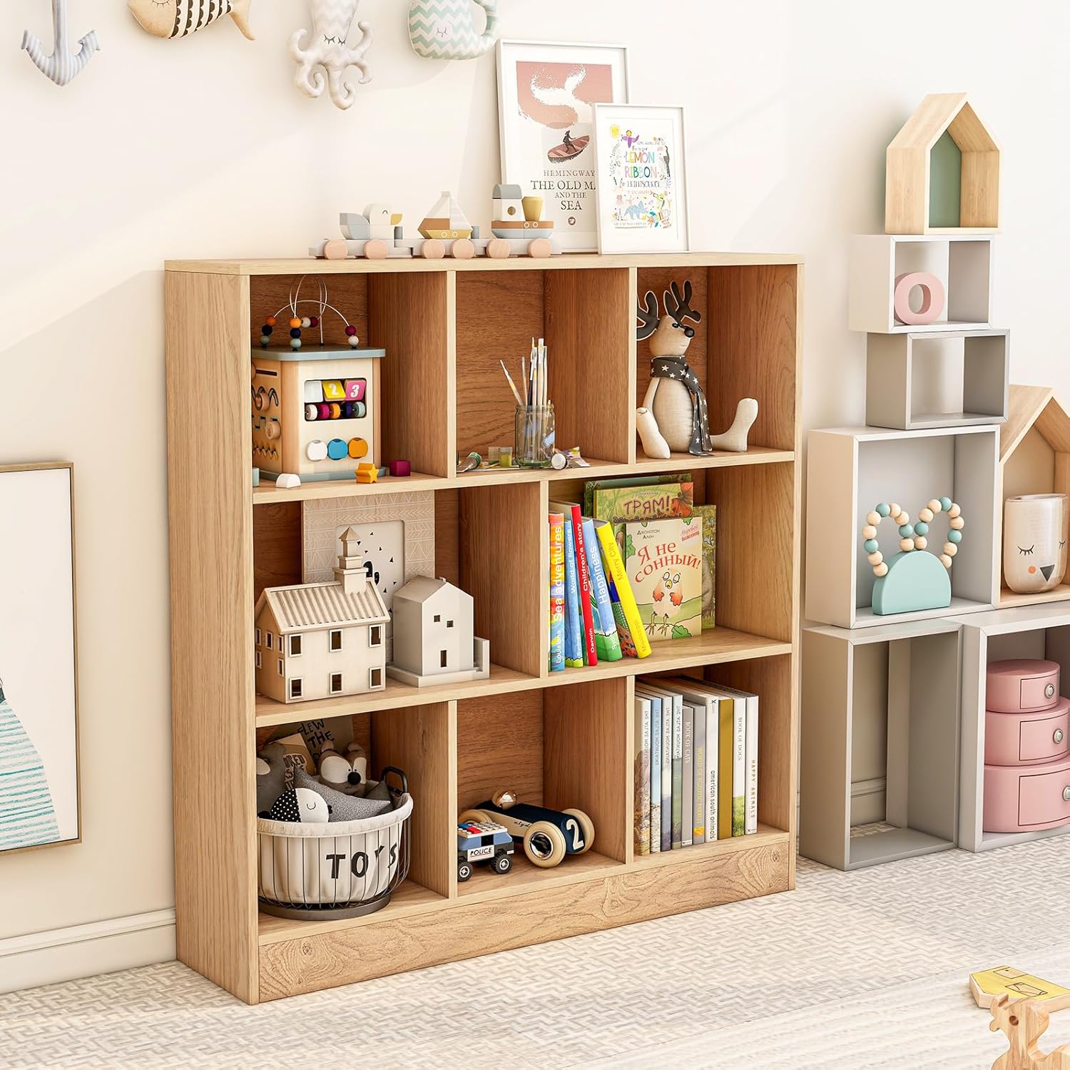 Étagère 8-Cube, Bibliothèque 3 Niveaux avec Compartiments Ouverts, 2 Kits Anti-basculement, Armoire Rangement pour Livres & Jouets, 100 x 24 x 104 cm - 9