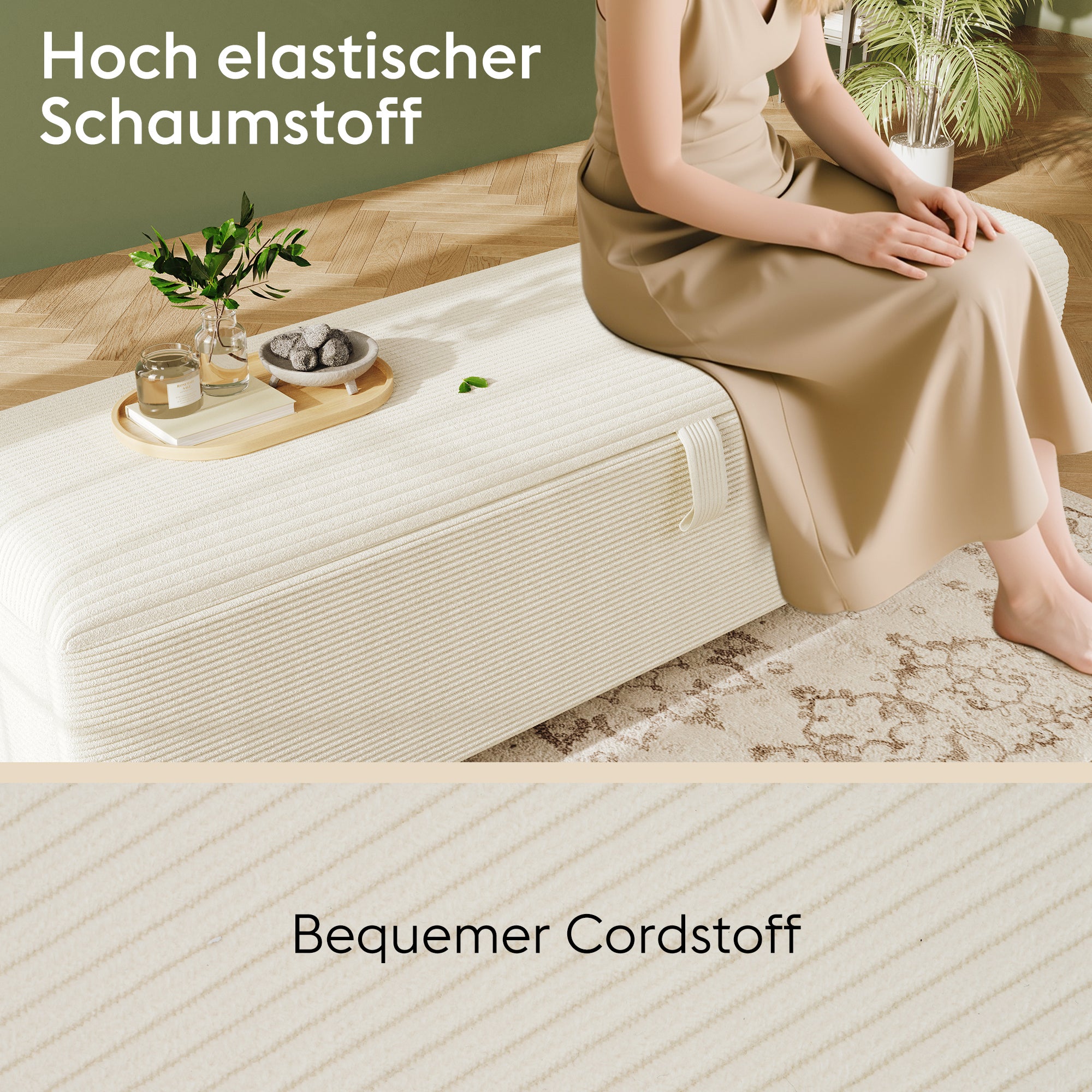 Banc coffre de rangement en velours côtelé, banquette de lit - 145 x 38 x 46 cm - pour chambre, salon et couloir - Beige - 3