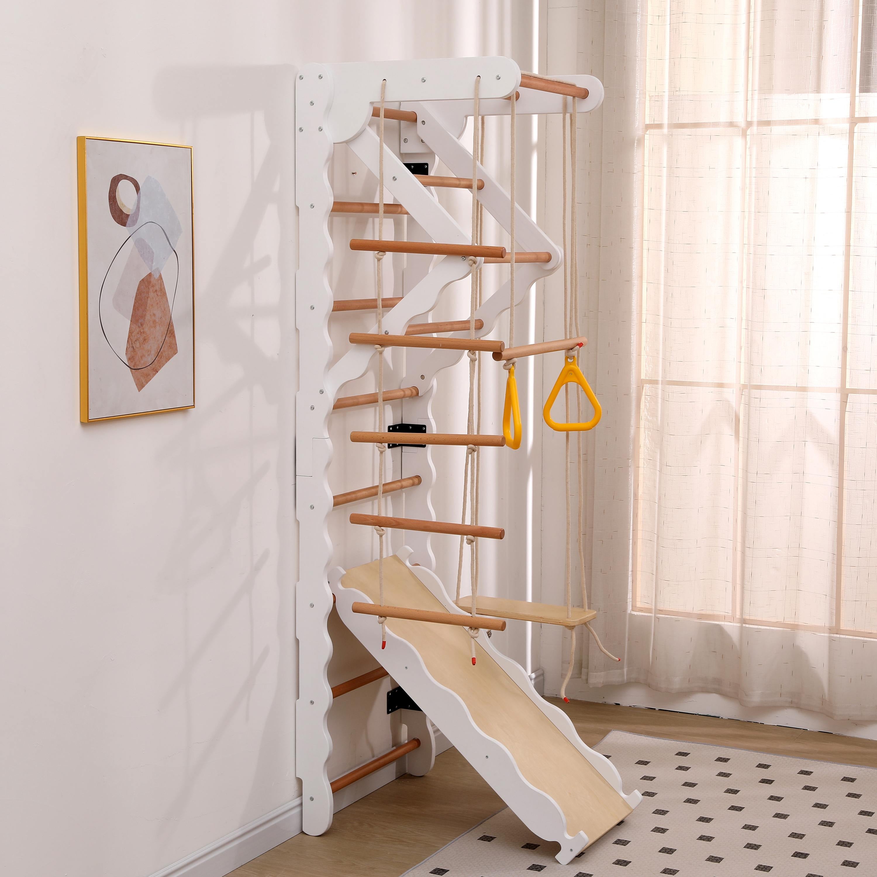 Structure de jeu 6 en 1 - Rutsche, Schaukel, Krabbelleiter, Klettergerüst, Klimmzugsbereich, Ringe - Bois de hêtre - 2