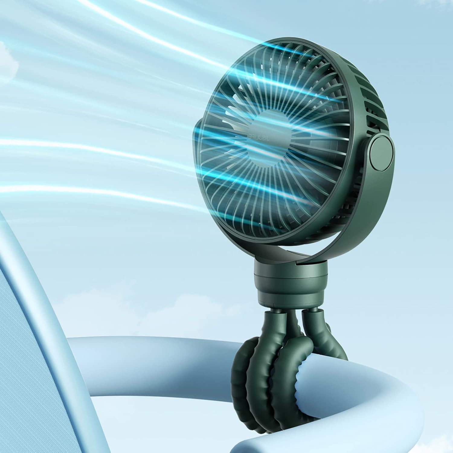 Miniaturowy wentylator mocowany do wózka, przenośny akumulator 4000 mAh lub ładowany przez USB, 4 prędkości wentylatora, obrót o 360°.