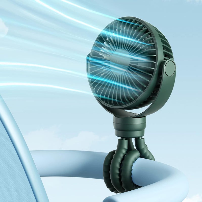Miniaturowy wentylator mocowany do wózka, przenośny akumulator 4000 mAh lub ładowany przez USB, 4 prędkości wentylatora, obrót o 360°.