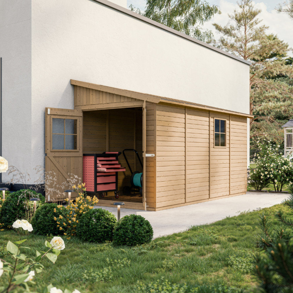 Abri de Jardin en Bois Naturel(avec paroi latérale) - Stockage extérieur avec fenêtres-H244x218x416 cm/8 m2, hangar en bois naturel - TIMBELA M340A - 5