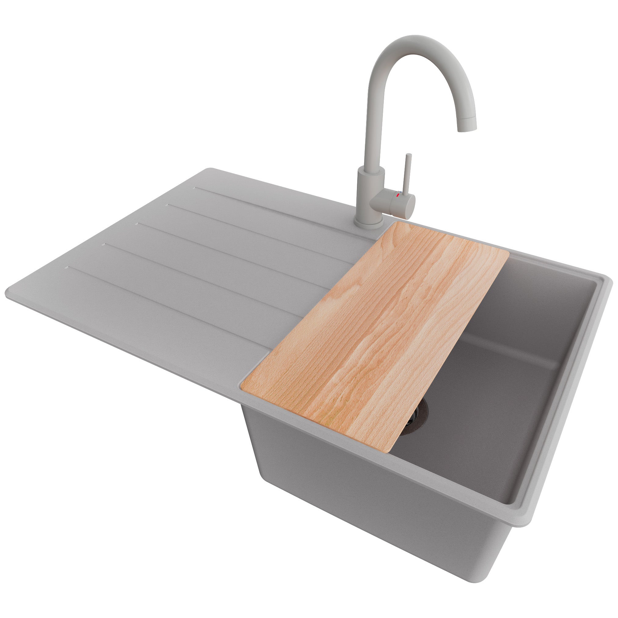 Zlewozmywak Granitowy Szary 78x50cm, Zlew Kuchenny 1 Komorowy + Bateria 32x20cm + Syfon + Deska, Nablatowy do szafki od 45cm - Kopenhaga PRIMAGRAN