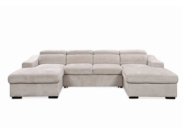 Canapé panoramique convertible avec 2 coffres en velours chiné beige VELORA