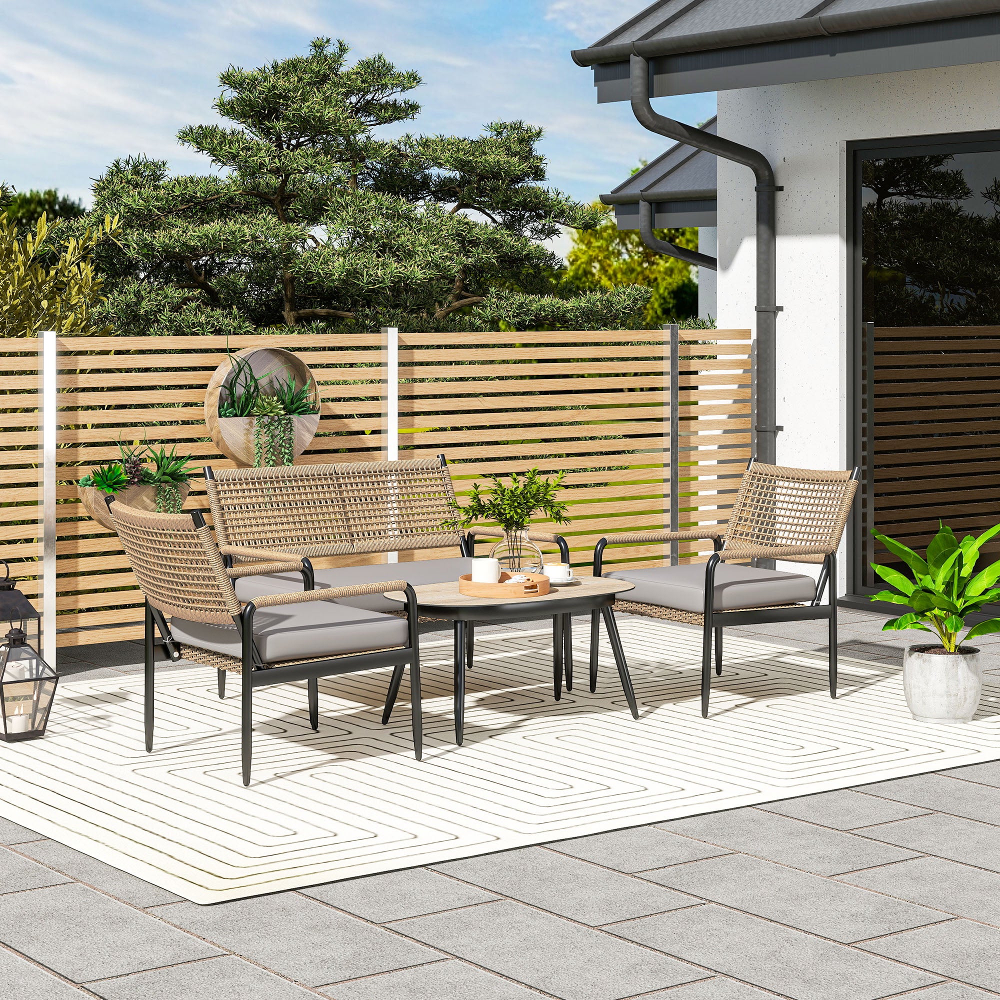 Zestaw ogrodowy polyrattan, sofa 2-osobowa, fotel, stół, poduszki, odporny na warunki atmosferyczne, ciemnoszaro-żółty