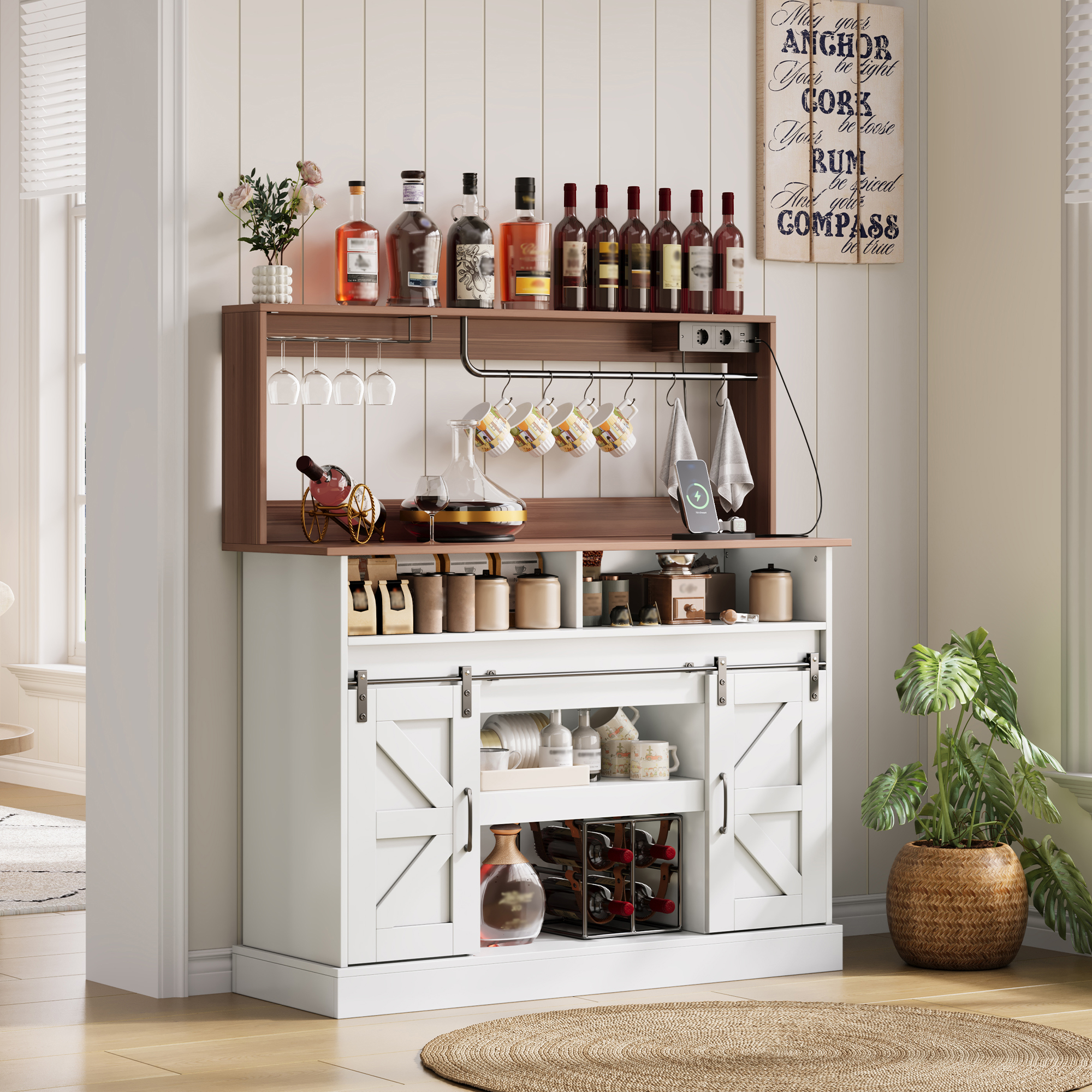 Buffet kuchenny 120x40x130cm - z USB i gniazdkiem - z sekcją na wino - 2 drzwi przesuwne - styl wiejski - Biały