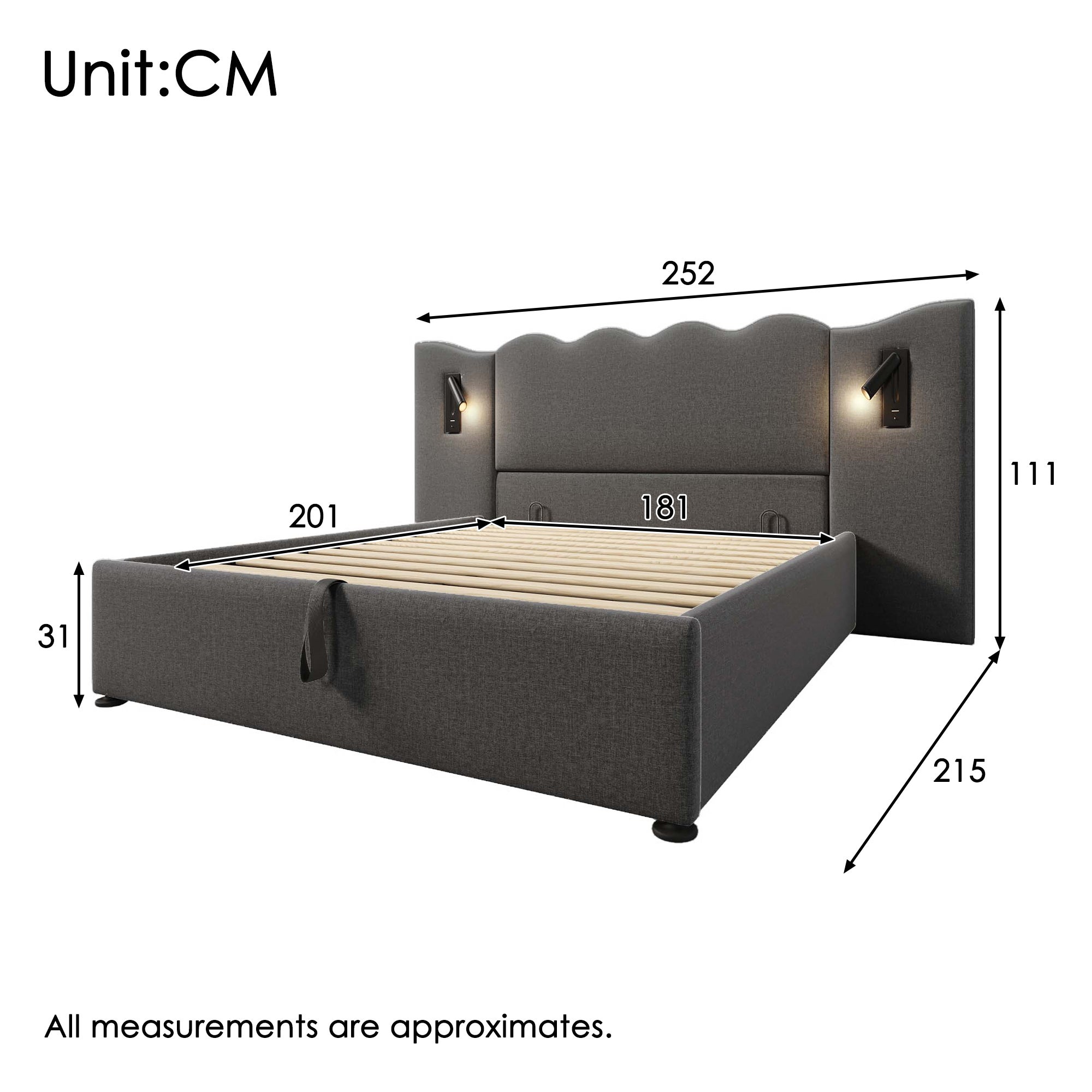 Lit double rembourré 180×200 cm avec lampe de lecture et fonction de charge USB Type-C, bois massif et métal, gris, sans matelas - 4
