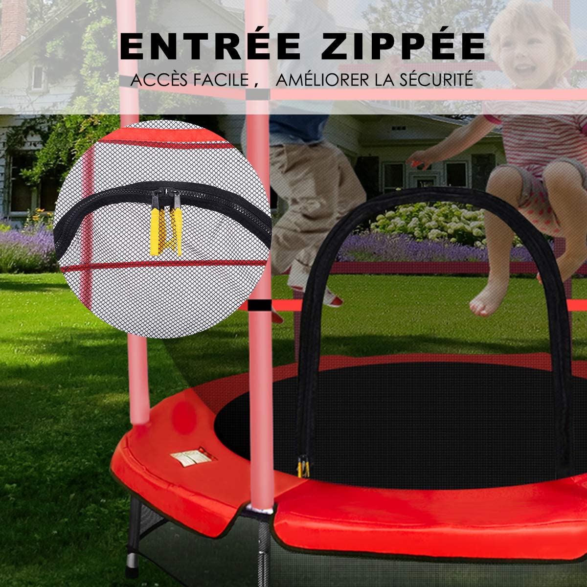 Trampolino Elastico Bambino in Acciaio, Tappeto Elastico Bambini da Esterno e da Interno, con Rete e Cusicnetti Antiscivolo (Rosso, 165 x 165 - 4