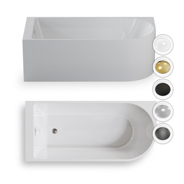 Wanna wolnostojąca przyścienna NAROŻNA PORTO LEWA 150 x 78 cm biała system przelewowy Corciano RÓŻNE KORKI