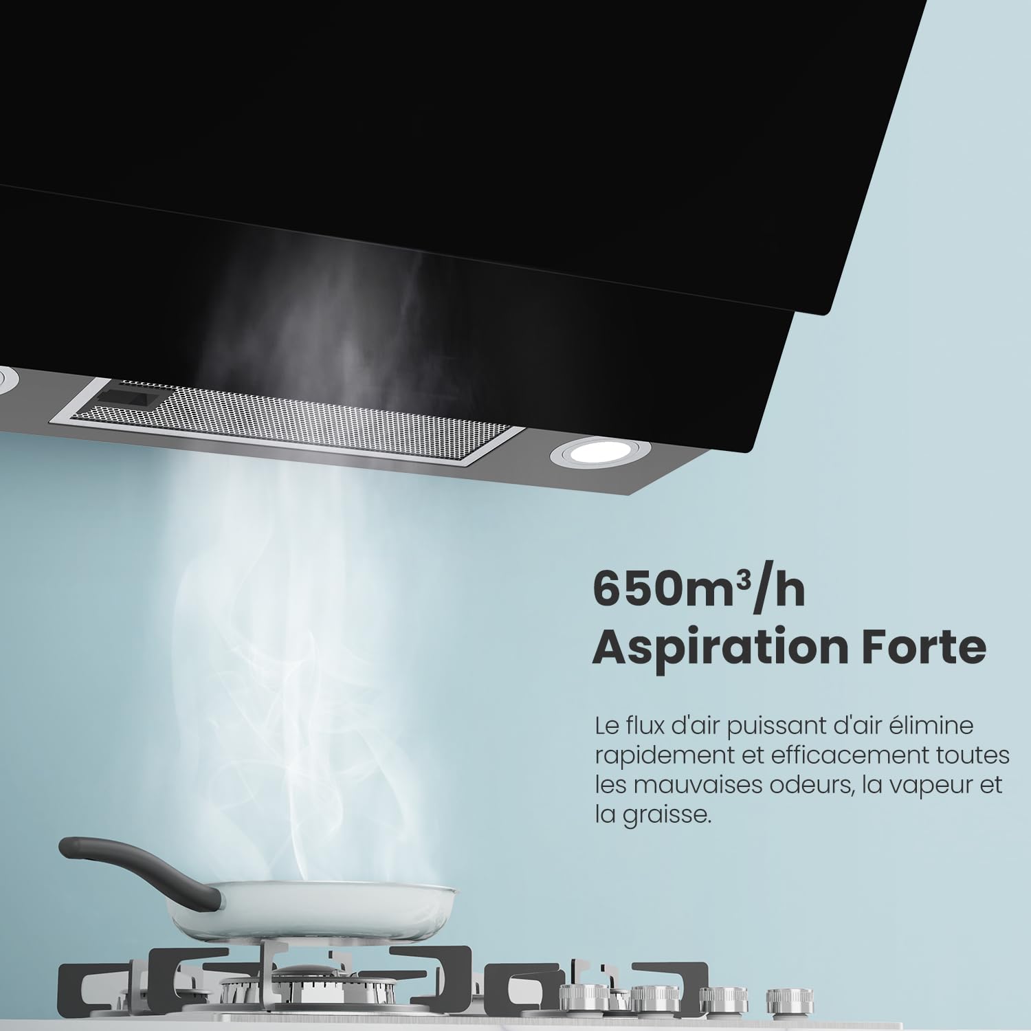 COMFEE Hotte Aspirante Inclinée 60cm - 650m³/h - Classe A+++ - Commandes Gestuelles - 4 vitesses - 2 Filtres - 2*1.5W LED - Verre Noir - 6