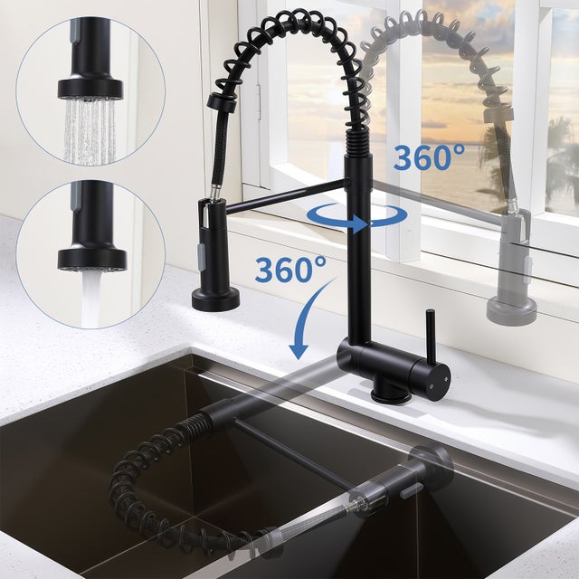 Mitigeur de Cuisine Noir pliable à ressort avec douchette 2 Jets, Robinet de Cuisine d'Evier Rabattable Rotatif à 360° en Inox 304