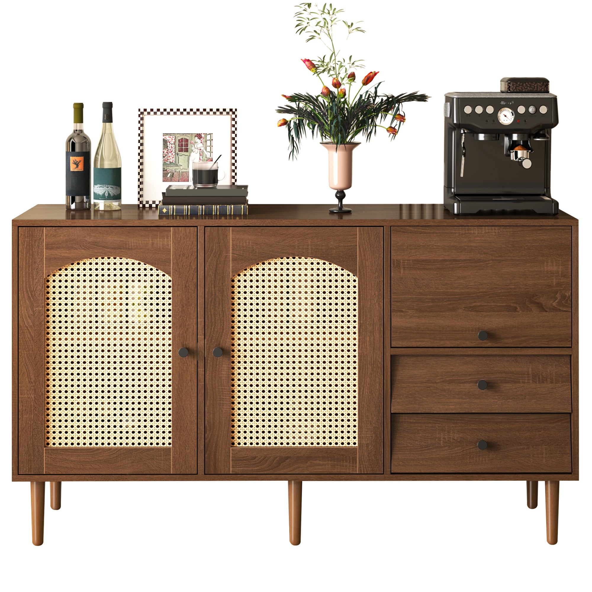 Buffet 130x75,5x40 cm, style rustique, fermeture magnétique, étagères ...
