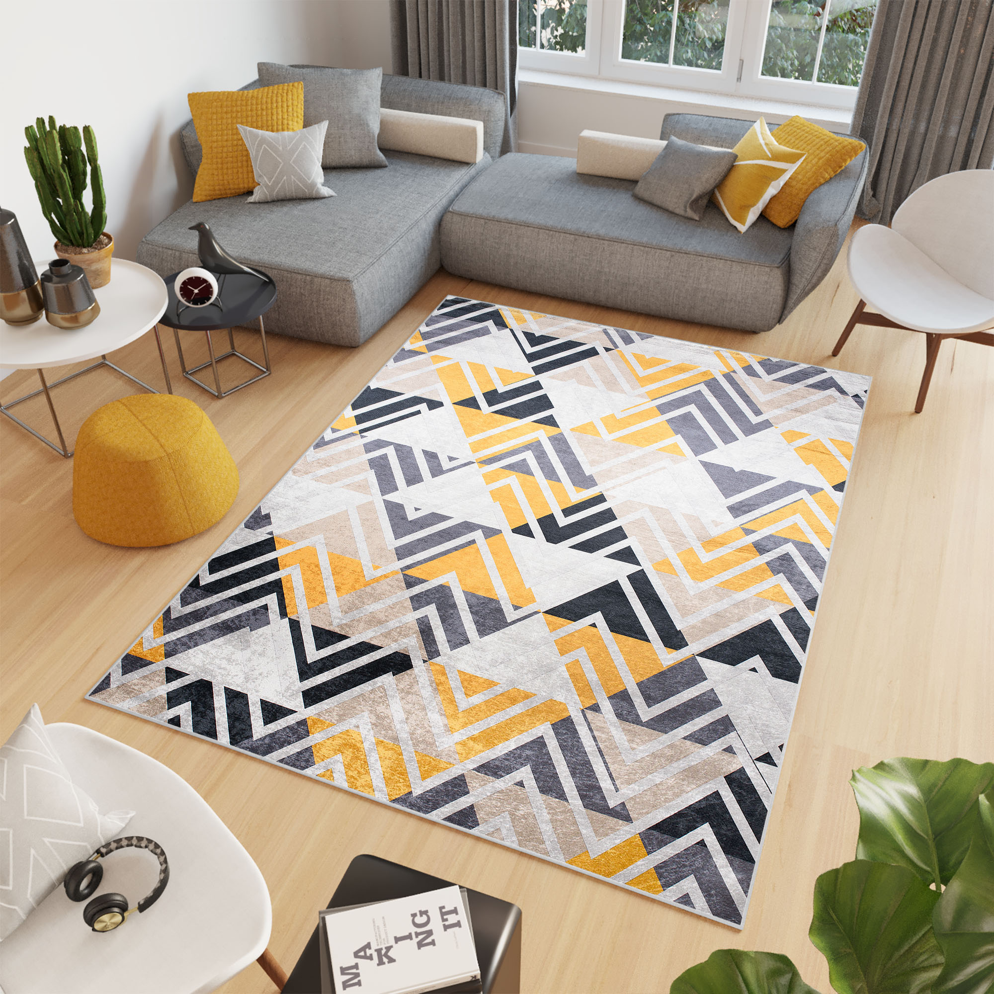 Tapiso toscana alfombra antideslizante de salón moderno abstracto amarillo gris negro crema impreso sin pelo 80 x 150 cm