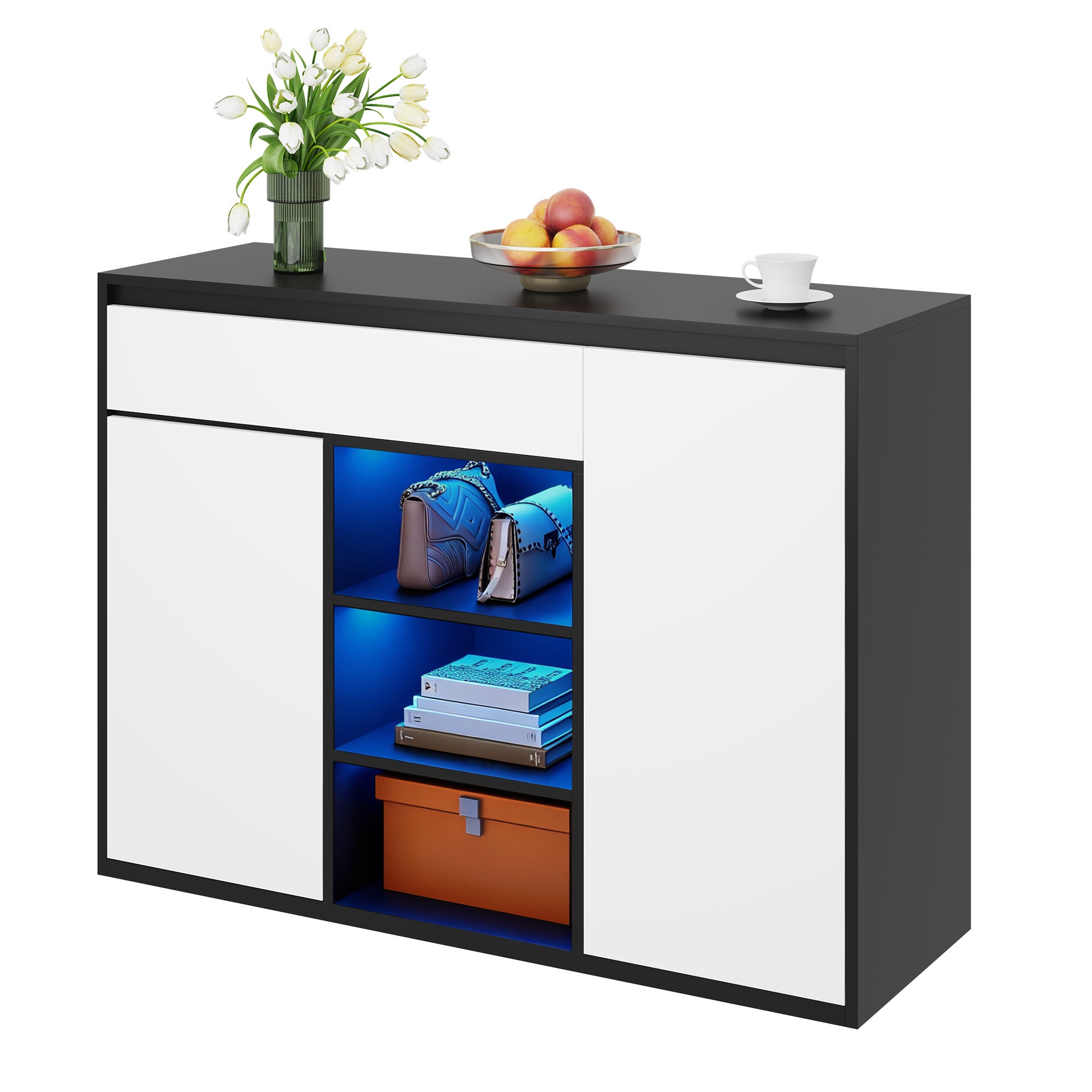 Szafka na buty 105x39,5x86 cm - 2 drzwiczki i 1 szuflada - z oświetleniem LED - z regulowanymi półkami - kolor biały + czarny