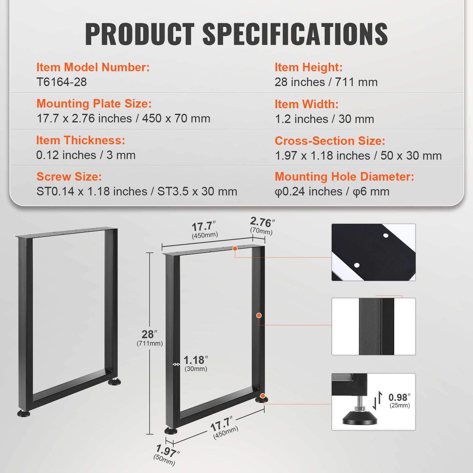 Pieds de Table VEVOR 2 PCS Réglables 711 mm, Pieds de Bureau Carrés en Acier, Charge 454 kg, Pieds de Meuble Noirs Modernes - 7