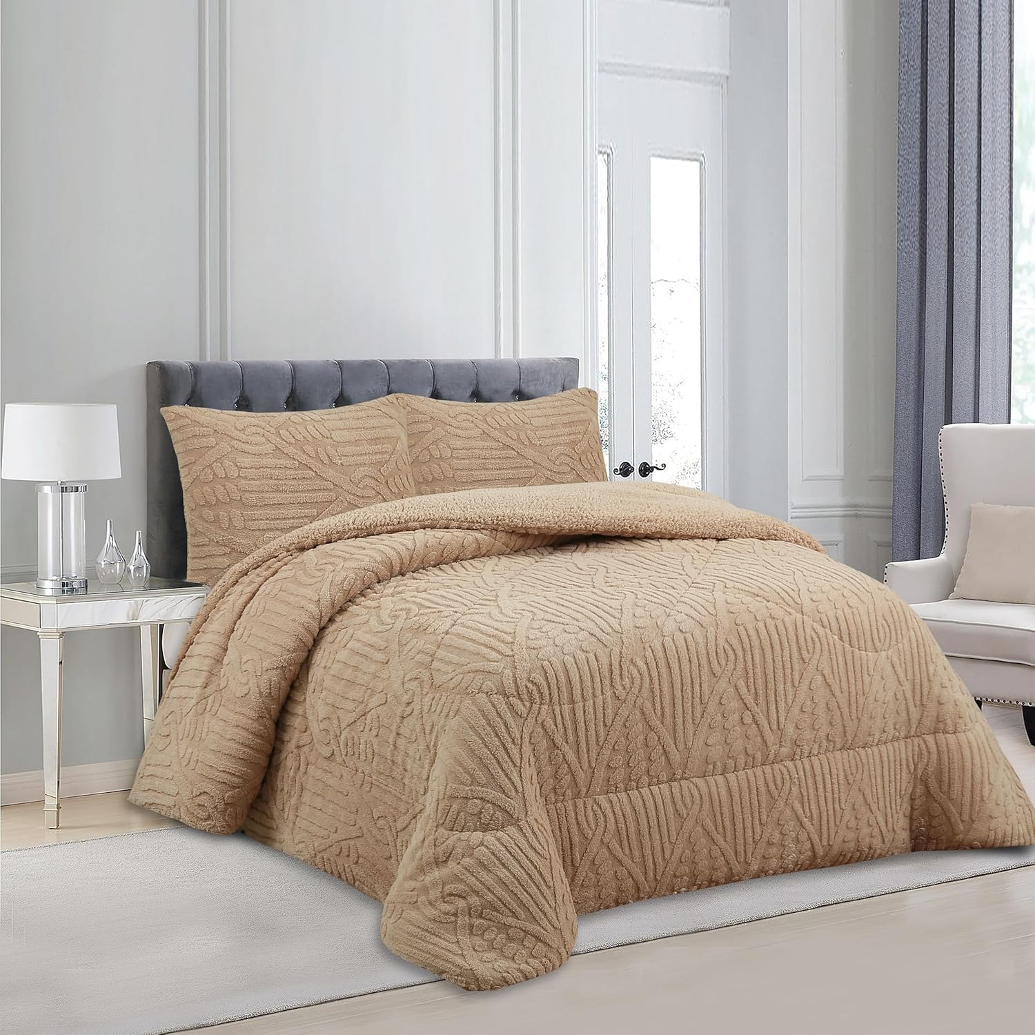 Haradeco manta sherpa para cama con fundas almohada, edredón borreguito terciopelo gruesa abriga(jacquard beige, 230x250cm)