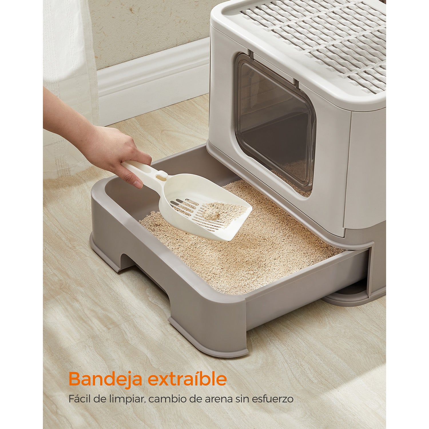 Arenero para gatos grandes con bandeja extraíble, incluye pala y cepillo, carga hasta 15 kg, sistema antifiltración y antiescapes, avena y gris cálido - 5