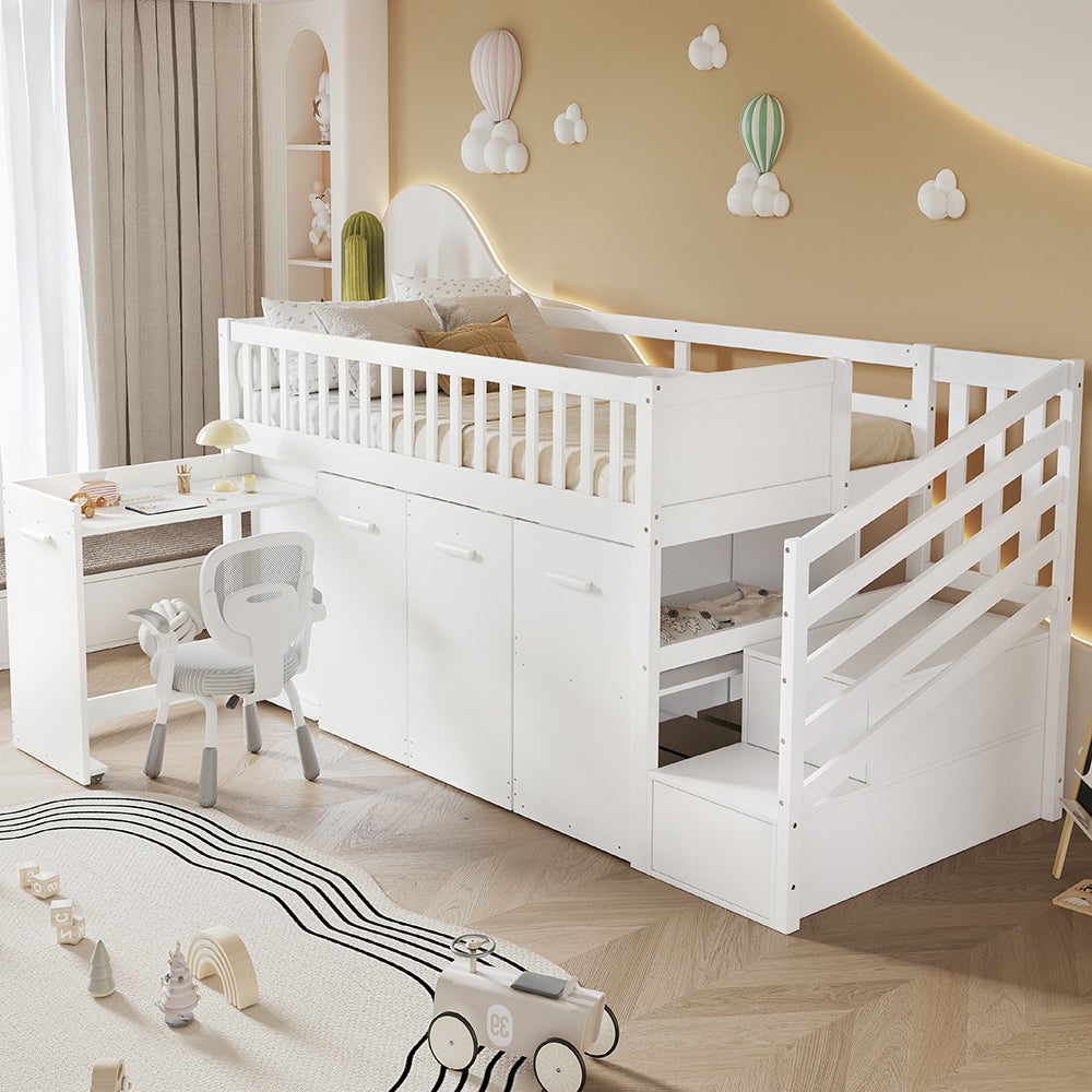 Lit superposé pour enfants 90x200 cm , lit multifonctionnel avec garde-corps, bureau/penderie/armoire avec 2 armoires de rangement, pin + MDF, blanc - 4