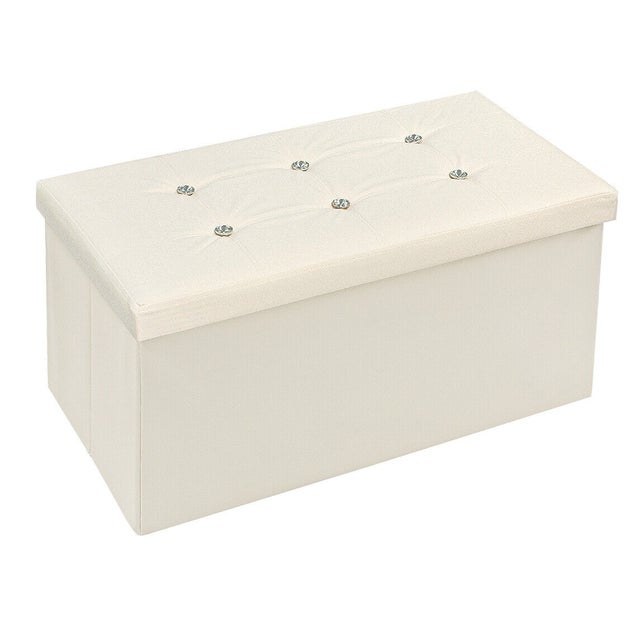 Cassapanca Contenitore Pouf Portaoggetti Poggiapiedi Diamante Strass Tinta Unita 76x38x38 Beige