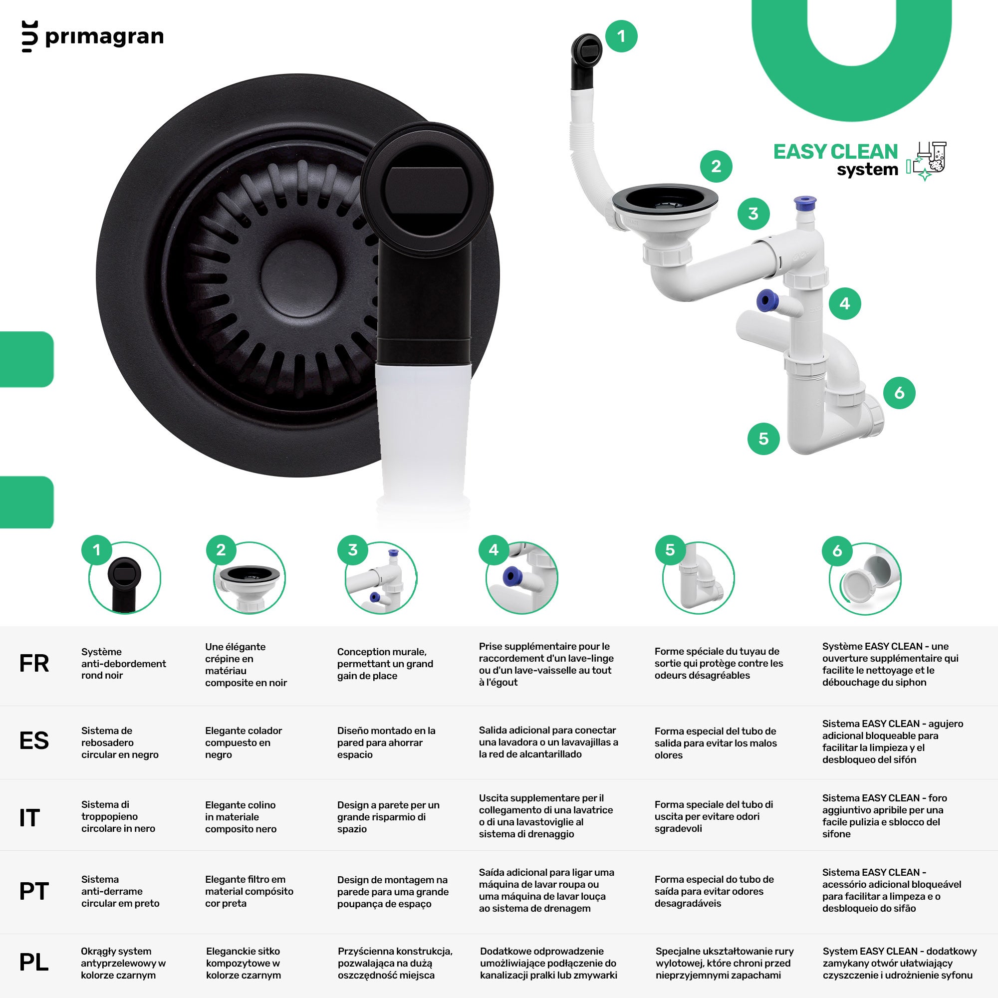 Lavandino da Cucina Tutto Nero 46x44cm, Lavello in Granito a 1 vasca + Sifone Classico + Accessori, Lavabo da Cucina Incasso al mobile 50cm PRIMAGRAN - 8