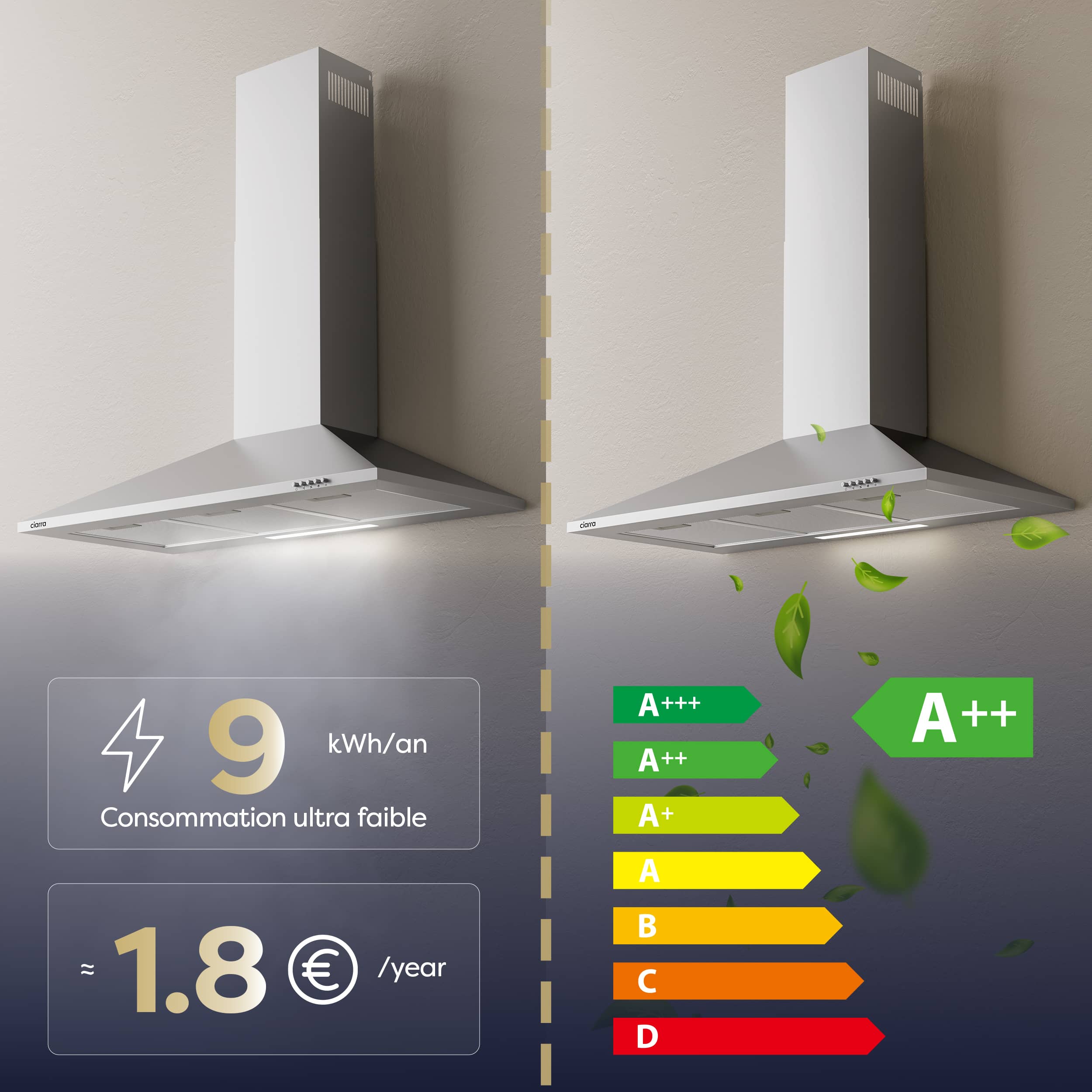 CIARRA Exaustor de parede 90 cm 370 m³/h A++ 3 Velocidades com Filtros de Carvão Extração ou Recirculação Inox 201SS90 - 3