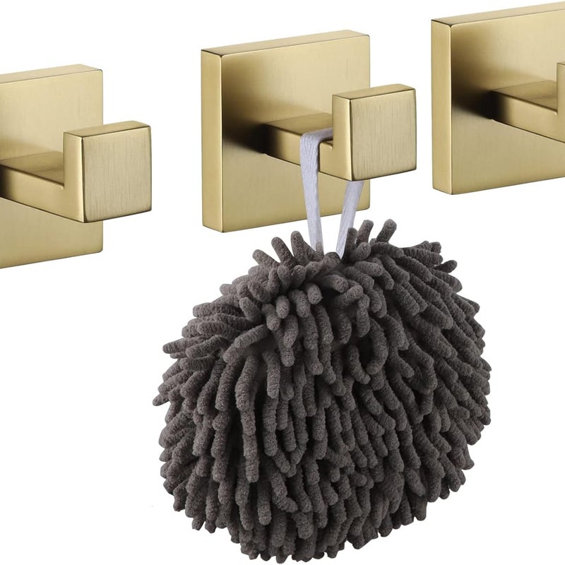 Zestaw 3 kwadratowych haczyków ściennych, stal nierdzewna SUS 304, szczotkowane złoto, złoty