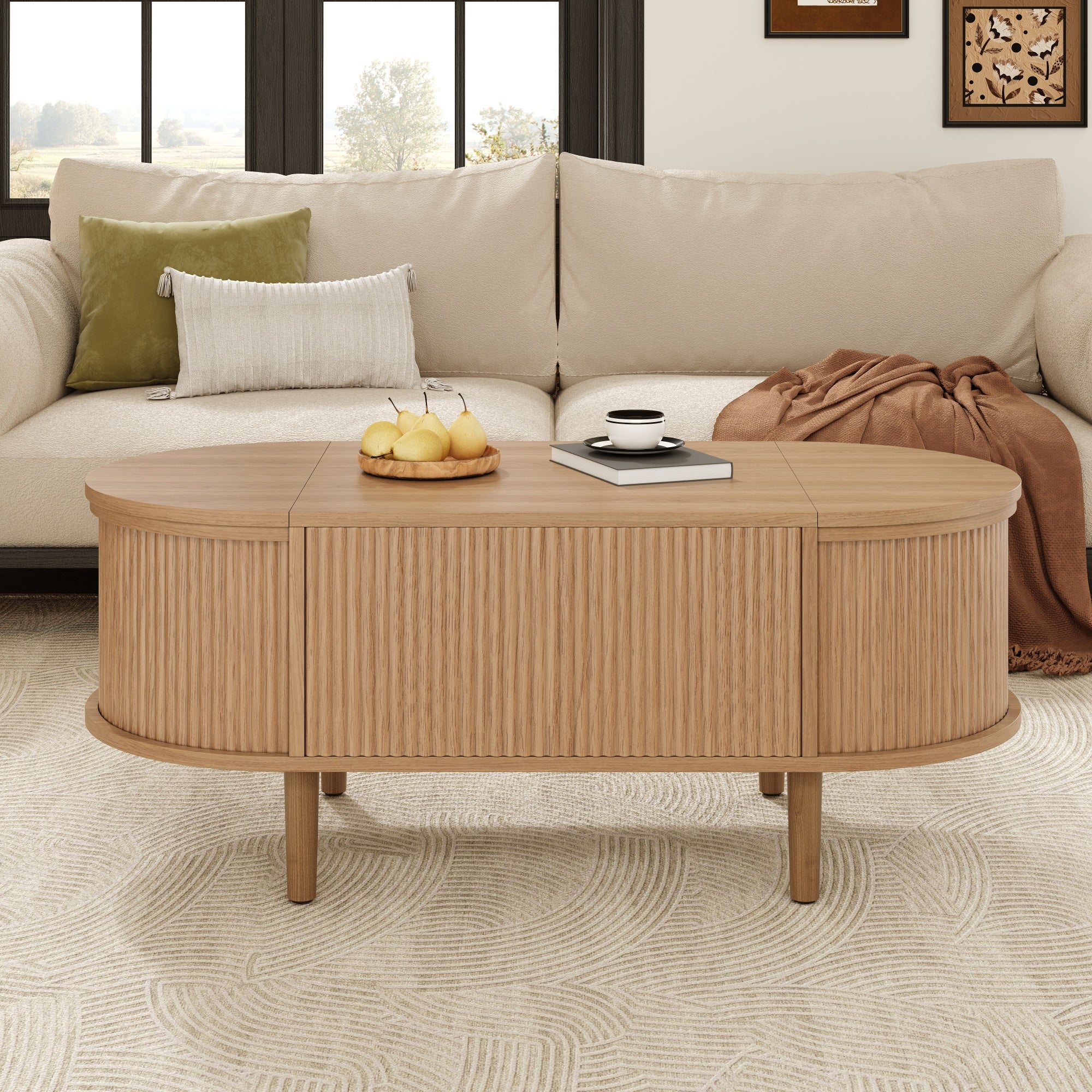 Table basse relevable multifonction 100x48x53,5cm avec rangement, style vintage multifonction pour salon, pieds en bois massif,couleur bois naturel - 2