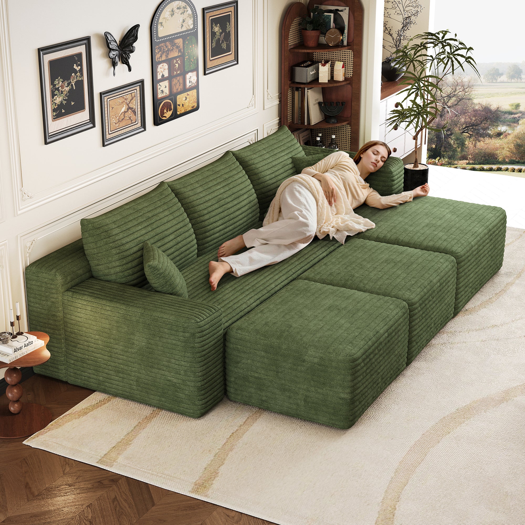 Canapé Modulaire compresse 241x151x58cm avec 2 repose-pieds et coussin, Canapé d'Angle Côté droit Velours Côtelé, Assise Profonde,Canapé 3 Places Vert - 5
