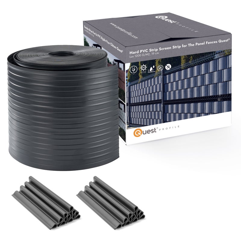 QUEST Taśma ogrodzeniowa PCV 19cm, listwa do ogrodzeń panelowych premium, 900 g/m2, RAL7016, antracyt, 26 m + 20 x klipsy