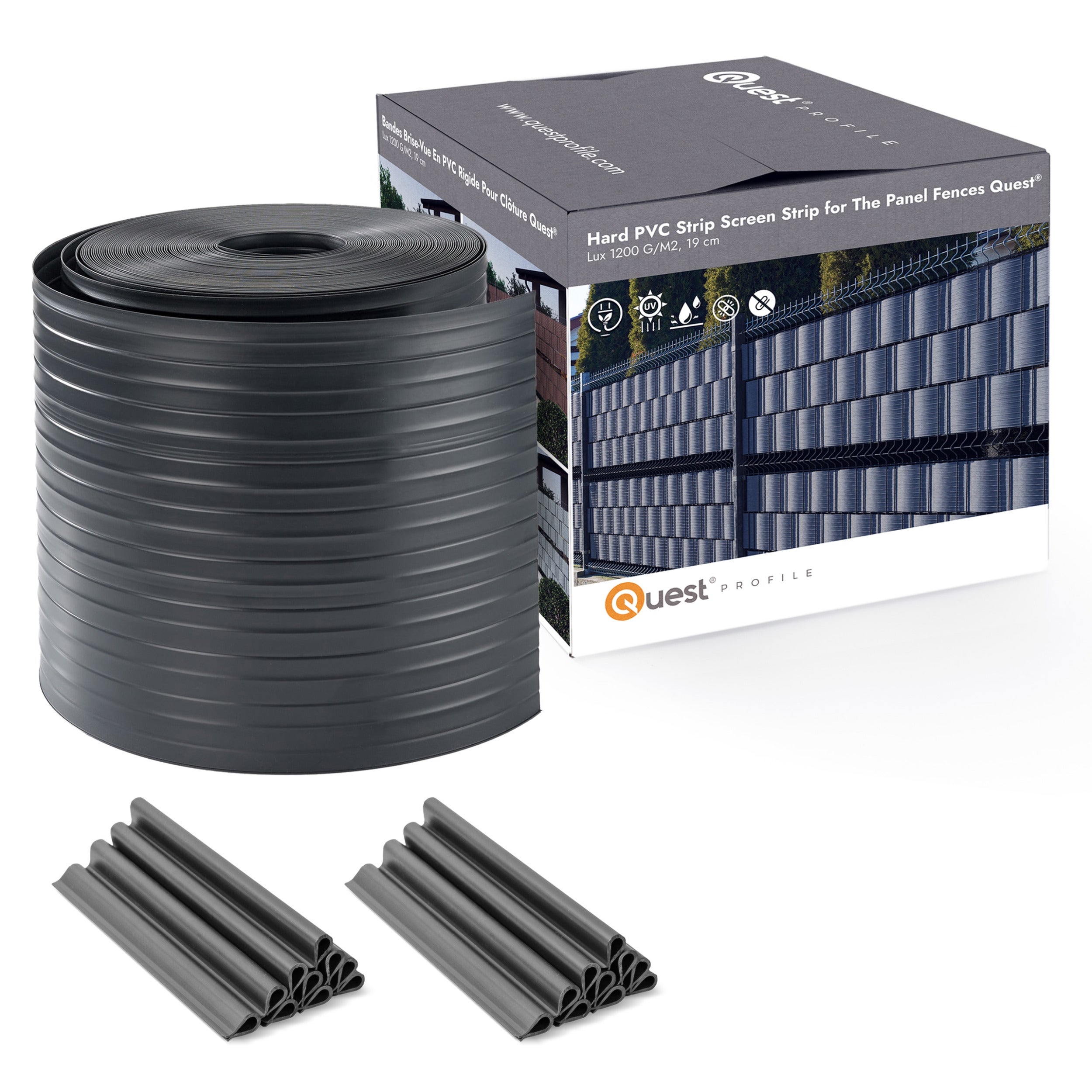 QUEST Taśma ogrodzeniowa PCV 19cm, listwa do ogrodzeń panelowych premium, 900 g/m2, RAL7016, antracyt, 26 m + 20 x klipsy