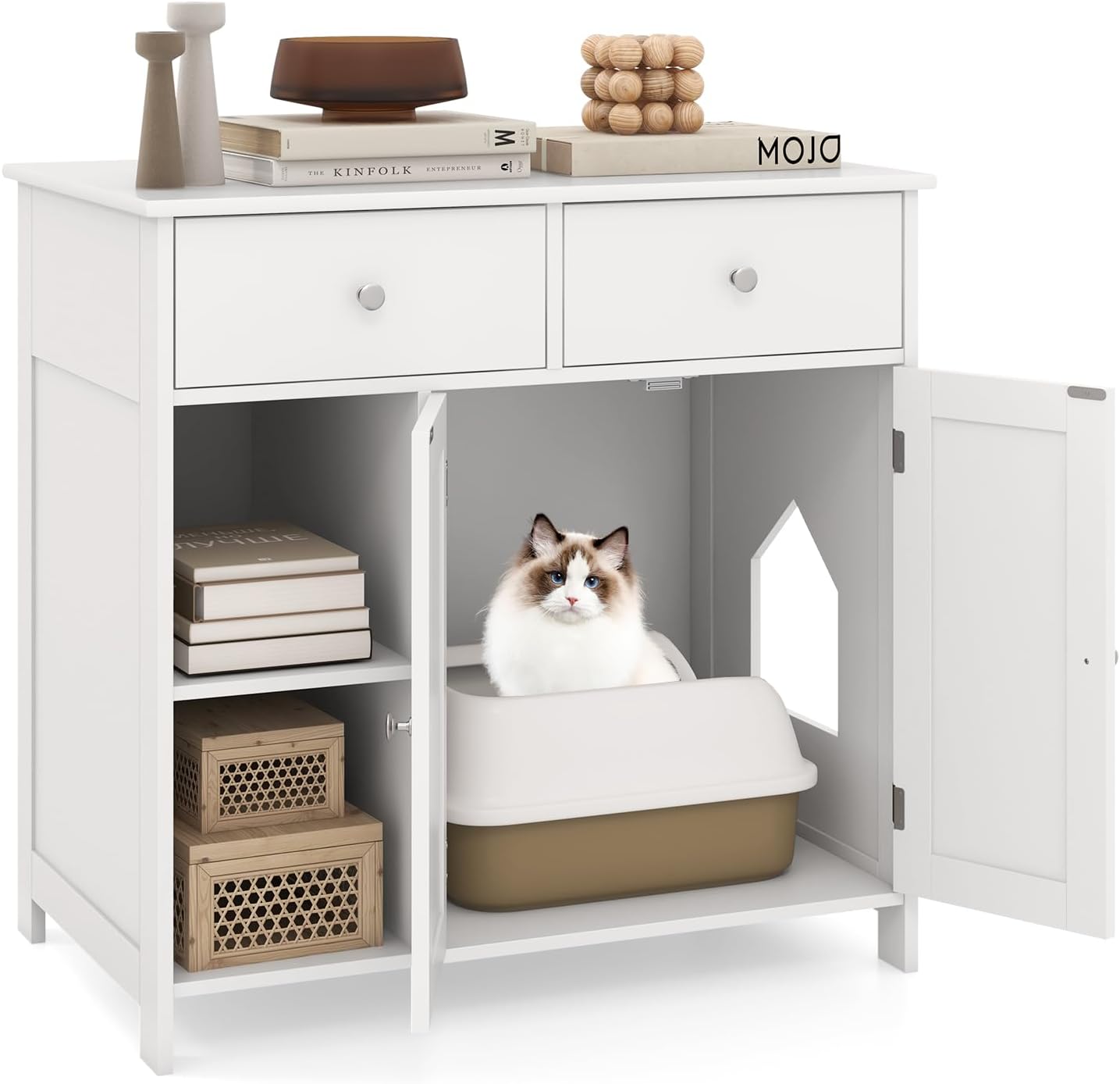 Meuble Litiere Chat Avec Rangement 92,5×49×149 Cm, Etagères à 5 Niveaux Tapis Amovible Trous Aeration Kit Anti Basculement Blanc 95979392