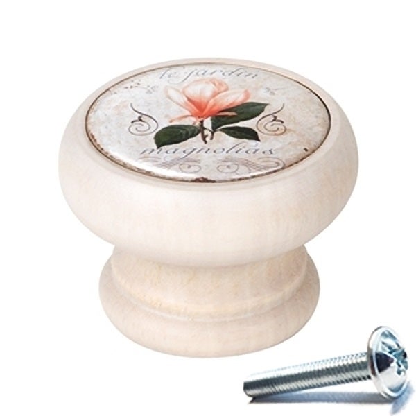 6 Un. bouton poignées de meuble Vintage Retro bois blanc décapé fleur orange - diamètre 40MM - 2