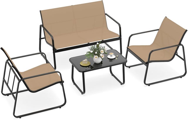 GIANTEX Conjunto Bistrô em Tecido Textilene, Conjunto Mesa e Cadeiras Jardim, Mesa Suporte 50 kg, Cadeiras Suporte 150 kg, Suporte 300 kg, Marrom