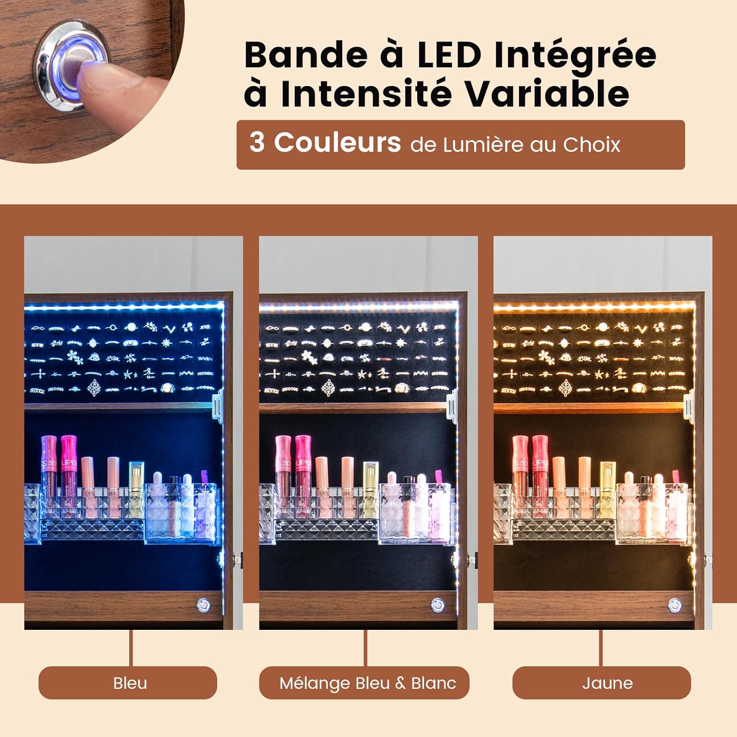 Armoire à Bijoux avec Miroir sur Pieds, Grand Miroir Psyché Sans Cadre avec Éclairage LED 3 Couleurs, avec 3 Angles Ajustables (Noyer) - 7