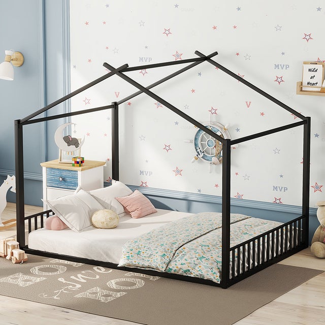 Lit Cabane Enfant 140x200 Cm Avec Barrière Et Rangement - Bois Massif - Style Maison Avec Tableau Noir - Sans Matelas