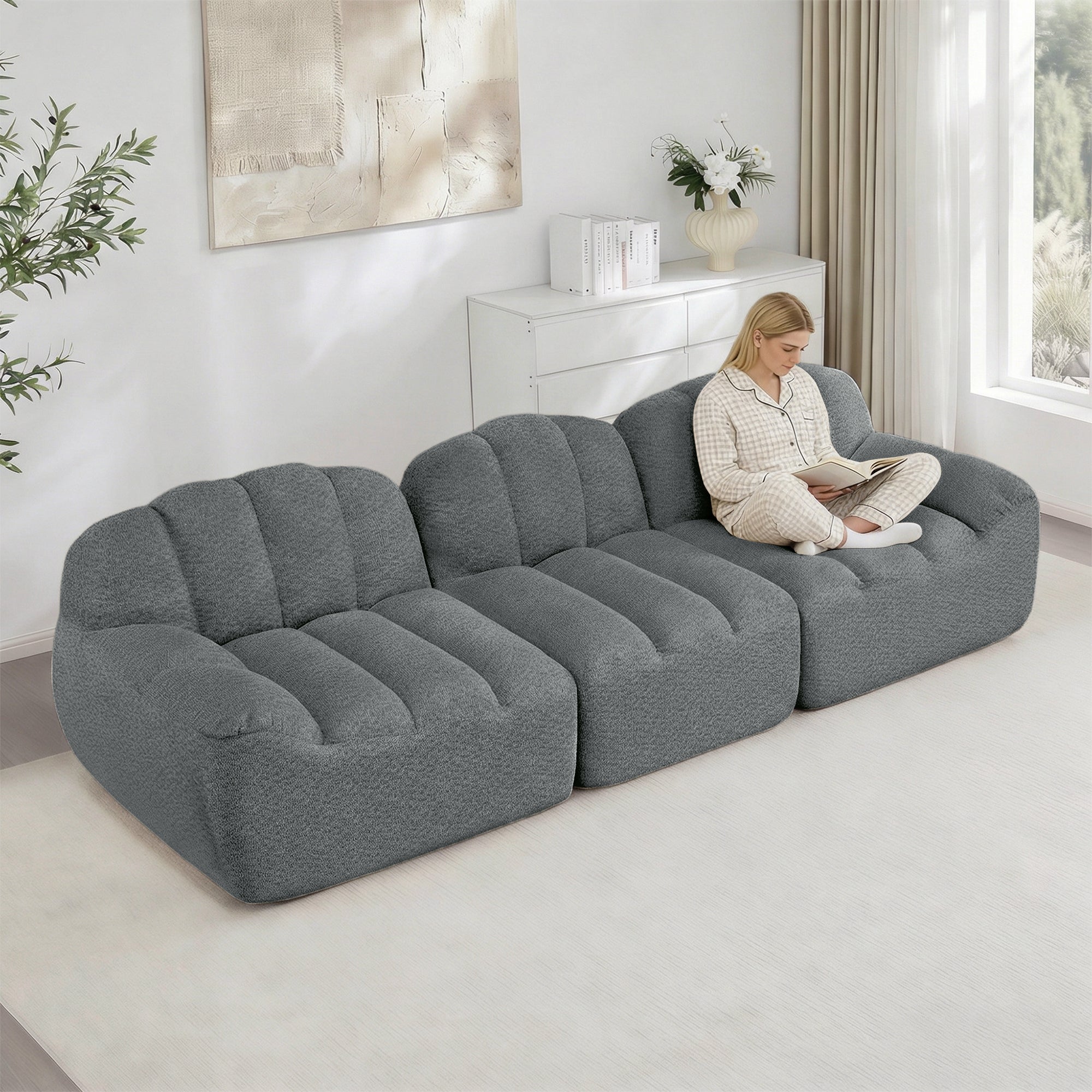 Canapé modulable 4 places gris avec pouf, assise profonde, mousse haute ...