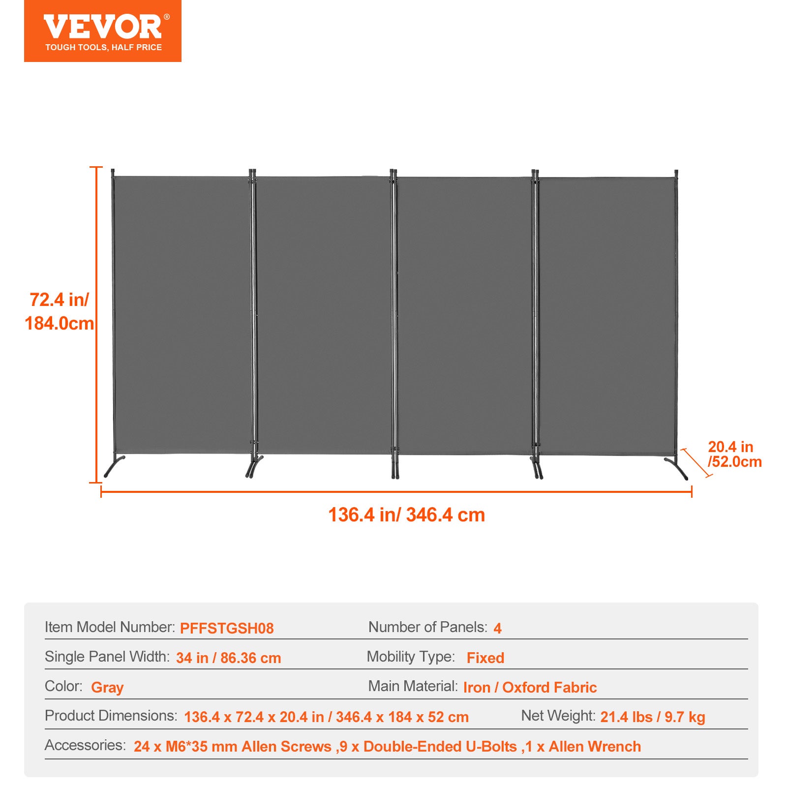 Paravent Multifonctionnel VEVOR 4 Panneaux,Cloison Séparatrice 346,4 x 184 cm,Pliable,Brise-vue Bureau,Chambre,Gris - 7
