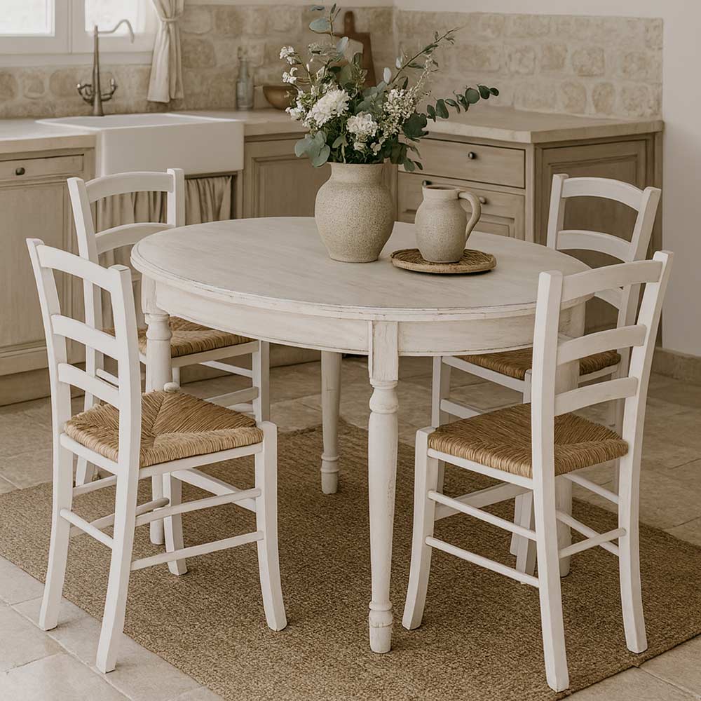 Chaise en bois Venezia vieillie blanche avec assise en paille palustre tressée - 5