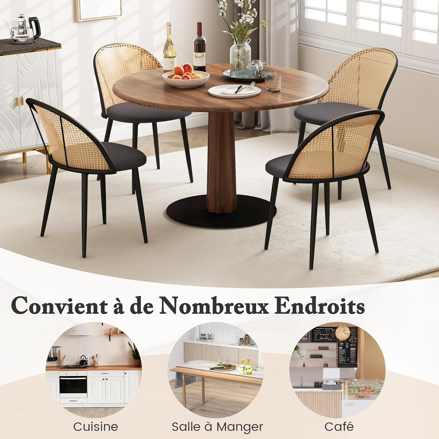 Lot de 2 Chaises de Salle à Manger, Chaise Cannage sans Accoudoirs, Siège Rembourré, Pieds Fuselés en Métal, Hauteur d’Assise 46 cm, Chaise - 7