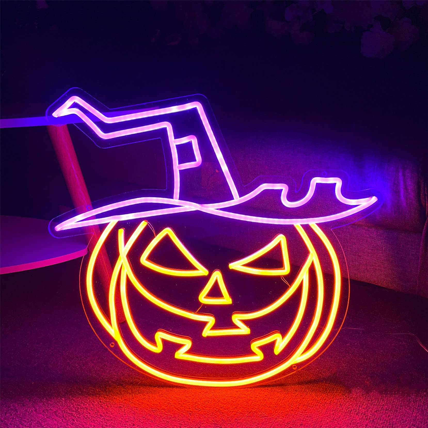 Neon LED na Halloween z kapeluszem czarownicy i dynią, na drzwi wejściowe, dekoracja ganku, na imprezę, wydarzenie