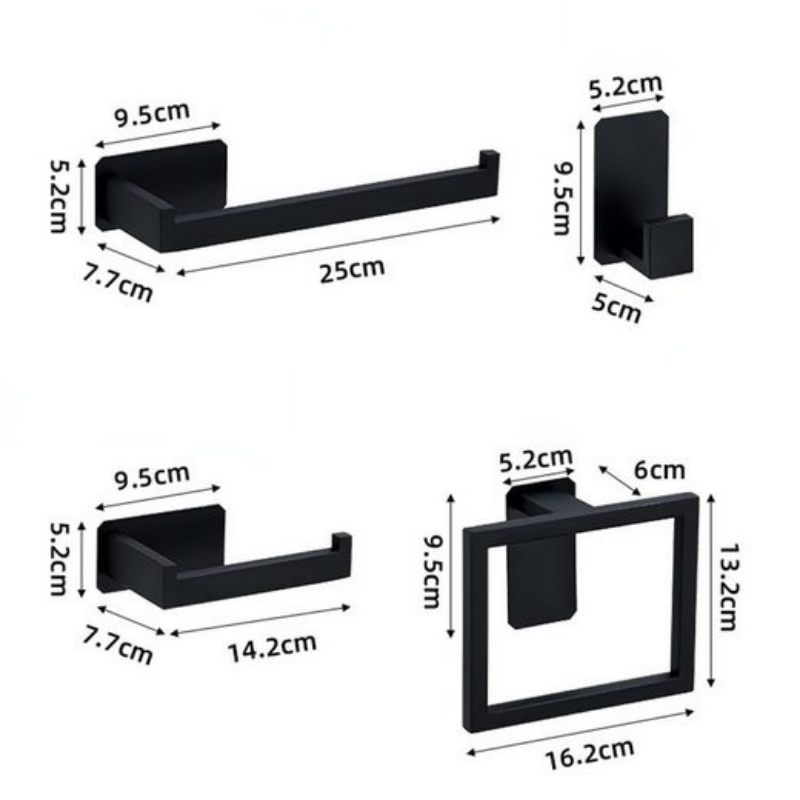 Barra para toallas de acero inoxidable negro sin perforación, juego de 5 accesorios de baño con cinta adhesiva doble cara 3M - 2