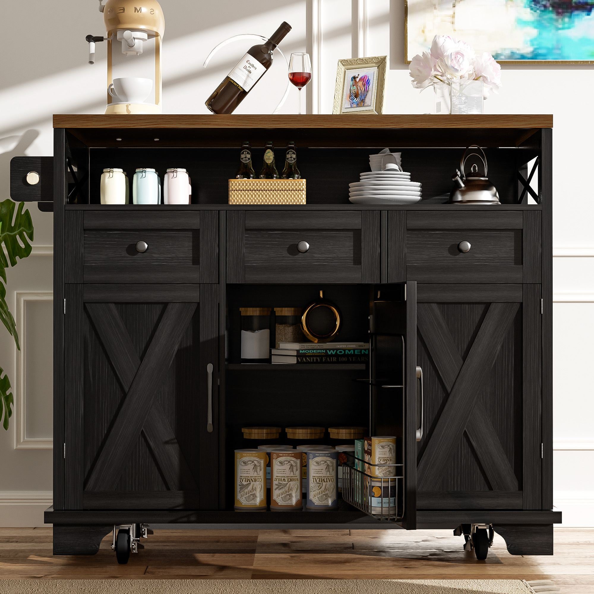 VEVOR Îlot Central 90x39 Cm Desserte De Cuisine à Roulettes 1 Armoire 1 Tiroir Meuble De Cuisine Avec Plan De Travail En Bois Abattant 90x29 Cm Porte-Épices Porte-Serviettes Pour Rangement Bar Cuisine