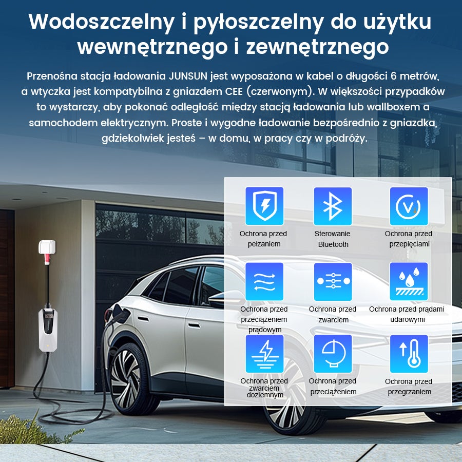 Przenośna Ładowarka EV JUNSUN 11kW | Typ 2 | Kabel 6m | IP65 | Ładowanie 3-fazowe | Aplikacja - 4