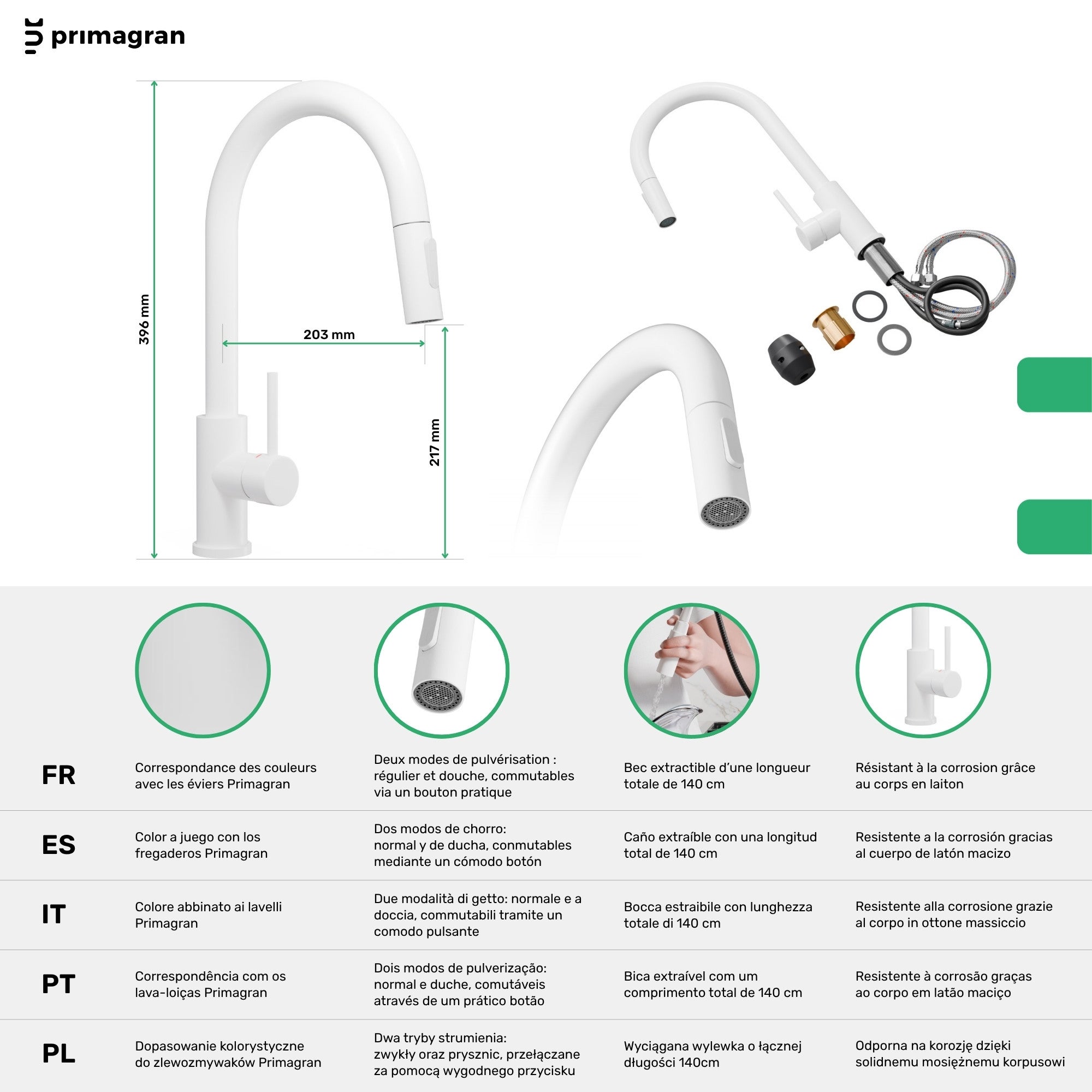 Evier Cuisine en Granit Blanc 70x44cm, Lavabo 1 bac + Robinet 40x20cm + Kit de Vidage, Évier à Encastrer au meuble 45cm - Copenhague Easy PRIMAGRAN - 8