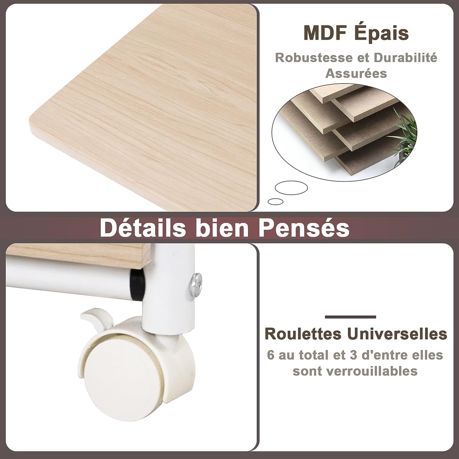 Bureau Pliable avec 3 Tiroirs, Table d'Écriture Roues Verrouillables, Bureau à Domicile Roulant avec Cadre en Métal, Naturel - 4