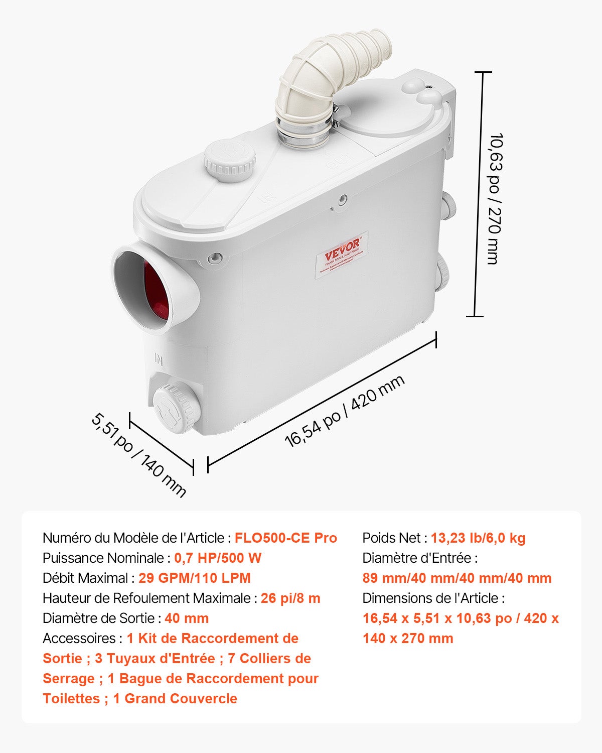 Pompe Macératrice VEVOR 500W, Pompe de Relevage 6600 L/h, Hauteur 8 m, 3 Entrées pour Toilette, Évier, Douche, Baignoire, Buanderie - 7